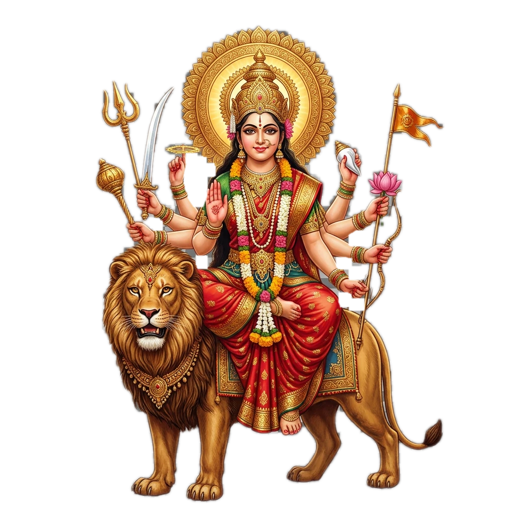 A devotional depiction of Goddess Durga with her traditional attributes, golden halo and lion