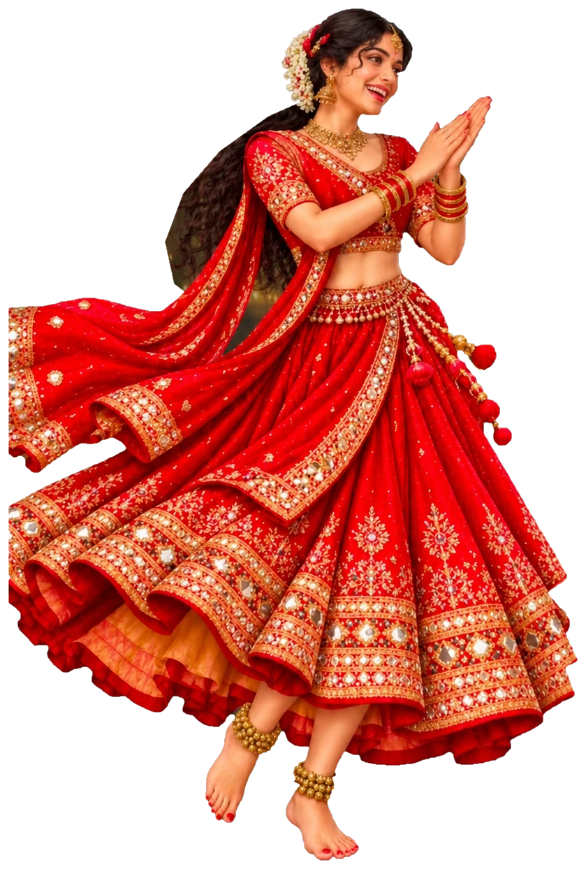 A woman on the left dancing Garba in a red and gold mirror-work lehenga