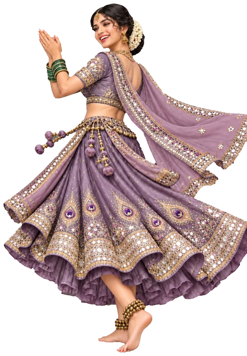 A woman on the right dancing Garba in a lavender and gold mirror-work lehenga
