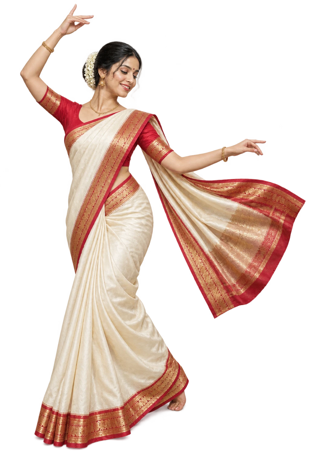 An Indian woman in an ivory saree with red and gold borders, in a graceful dance pose